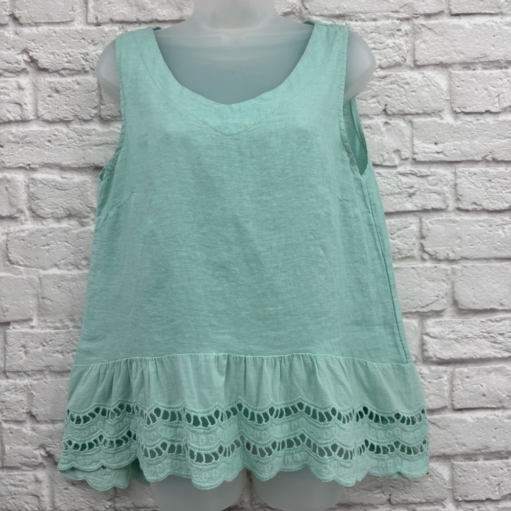 Valentina Naldi Green 100% Linen Eyelet Ruffled Hem Tank Top M Italy Boho